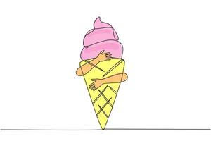 Single one line drawing human hands hugging ice cream. Snacks with high sugar levels are not good for the health of body. The first cones were produced in 1896. Continuous line graphic illustration vector