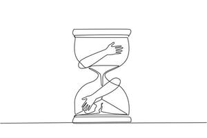 Continuous one line drawing of hands hugging hourglass. No time is allowed to be wasted in taking advantage of business opportunities. Metaphor of time is money. Single line draw illustration vector