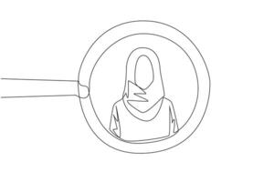 Single continuous line drawing of the circle of magnifiers highlights to young successful Arabian businesswoman. Resembles an avatar for photo on social media. Victorious. One line illustration vector