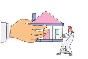 Single continuous line drawing Arab businessman pulling miniature house which is also pulled by big hand. Failed to pay the mortgage so that it can be withdrawn by bank. One line illustration vector