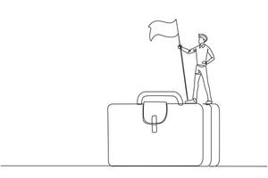 Single one line drawing of young businessman standing on giant briefcase holding flag. Going on a business trip to find newer ideas in startup business. Continuous line design graphic illustration vector