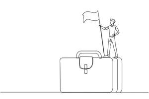 Single one line drawing of young businessman standing on giant briefcase holding flag. Going on a business trip to find newer ideas in startup business. Continuous line design graphic illustration vector