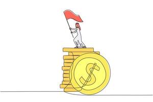 Single continuous line drawing of Arabian businessman standing on stack of coins raising flag. Successful remote freelance work. Get a lot of money. Concept of smart business. One line design vector