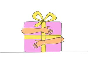 Single continuous line drawing of hands hugging gift box with red ribbon. Smart work that results in year-end bonuses. Work hard. Work smart. Sincere work. Get the bonus. One line illustration vector