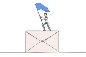 Single continuous line drawing of young businessman standing on giant email icon raising flag. Received a cooperation offer email that is very profitable for the company. One line design illustration vector