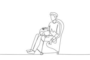 Single continuous line drawing of young man sitting on the couch hugging a cat on his lap. Young man stroking cute little cat to sleep. Friendly with cats. One line design illustration vector