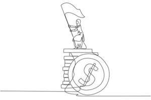 Single one line drawing of Arabian businesswoman standing on stack of coins raising flag. Successful remote freelance work. Get a lot of money. Concept of smart business. Award. Continuous line design vector