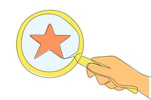 Single one line drawing big hand holding magnifying glass highlights the star. Looking at the stars by zooming in. Achieve dreams as high as the stars. Continuous line design graphic illustration vector