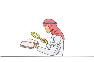 Single one line drawing Arabian businessman holds book and examines it with magnifier. Businessman re-reads scientific studies so that his business avoids bankruptcy. Continuous line design graphic vector