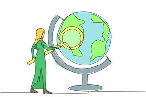 Single continuous line drawing of Arabian businesswoman stood holding magnifier and inspected the globe. Map out good territory to create and develop new ventures. One line design illustration vector