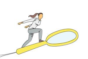 Single one line drawing of businesswoman rides a big magnifier like she's skateboarding. Someone is trying to find the right information among big data. Continuous line design graphic illustration vector