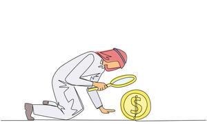 Single continuous line drawing Arabian businessman holding magnifying glass look at a coin dollar symbol. Collecting every coin from profits is valuable. Benefit. One line design illustration vector