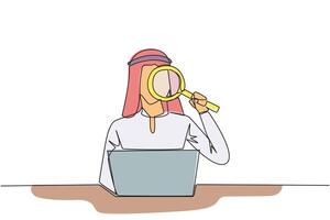Single continuous line drawing of Arabian businessman is typing in front of laptop computer holding a magnifier. Modern business at this time can be done anytime and anywhere. One line design vector