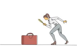 Continuous one line drawing businesswoman holding magnifying glass highlights the briefcase. Immediately tidied up his briefcase to go on a business trip. Single line draw design illustration vector