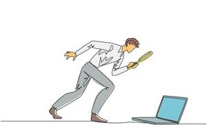 Single one line drawing businessman holding magnifying glass looking at laptop computer. Confused a programmer facing the bugs in the application he made. Continuous line design graphic illustration vector