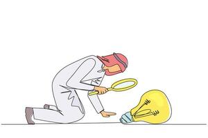 Single continuous line drawing Arabian businessman holding magnifying glass look at lightbulb. Requires a brilliant idea to expand its business overseas. Metaphor. One line design illustration vector