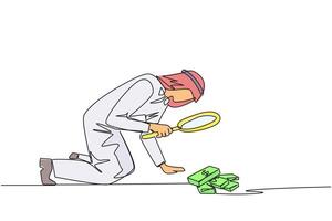 Single continuous line drawing Arab businessman looked down examining piles of banknotes with magnifiers. Businessman who know the rules, don't take what doesn't belong. One line illustration vector