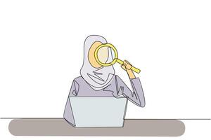 Single continuous line drawing of Arabian businesswoman is typing in front of laptop computer holding a magnifier. Modern business at this time can be done anytime and anywhere. One line design vector