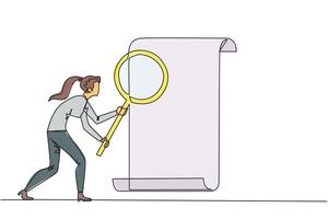 Single one line drawing businesswoman stood holding magnifier highlighted a rolled paper. Evaluates product compliance in accordance with company's business standards. Continuous line design graphic vector