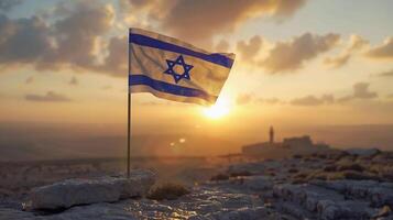 Solemn Israel flag fluttering at dusk. Yom HaZikaron, Israeli Independence Day photo