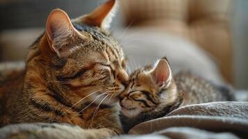 Mother cat grooming her kitten with gentle licks. Maternal care and Mothers Day photo