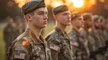 línea de soldados en camuflaje uniformes en pie solemnemente en monumento día. patriótico escena foto