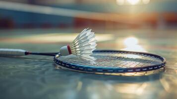 un bádminton raqueta junto a un pluma volante, metido en un Corte piso. verano olímpico juegos foto