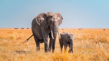 Elephant Mother Walking Side by Side with Her Calf in Savannah. Wildlife, Mothers Day photo