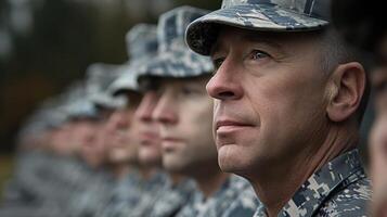 Line of soldiers in camouflage uniforms standing solemnly on Memorial Day. Patriotic scene photo