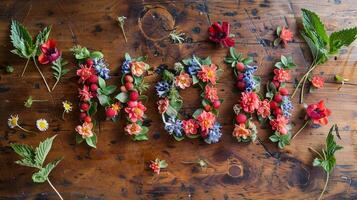 Word Mom Made from Flowers and Leaves on a Wooden Table. Mother's Day Greeting Card. photo