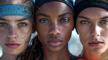 Portraits of Olympic athletes showing focus and determination, elements of their national identity. photo