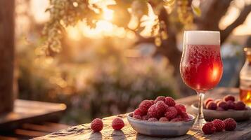 Glass of rich raspberry beer and fresh raspberries on wooden veranda table at sunset. photo