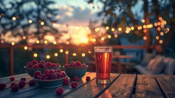 Glass of rich raspberry beer and fresh raspberries on cozy veranda with string lights. photo