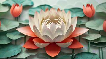 3D Illustration Of A Red Lotus Flower. Buddhist Vesak Greeting Card. Spa And Wellness. photo