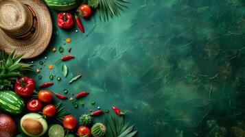 Green background with Mexican cuisine elements. Cinco de Mayo banner with Copy space. photo