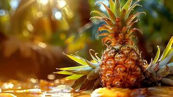 Pineapple in Tropical Setting with Dew Drops, Illuminated by Sun. Exotic Fruits And Healthy Eating photo