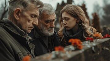 Grieving family standing by a soldier's grave in cemetery. Memorial Day, Yom HaZakiron photo