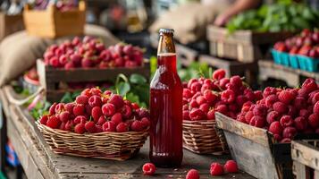 Raspberry beer at a local farmers market amidst baskets with fresh harvest raspberries. photo
