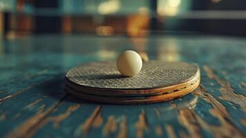 de cerca de un mesa tenis paleta y pelota en el mesa. verano olímpico juegos, Deportes equipo. foto