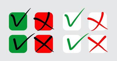conjunto de si y No o Derecha y incorrecto o cruzar marca y cheque marca símbolo mano escritura estilo con cuadrado botón vector