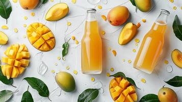 dos botellas de mango cerveza en medio de rebanadas de mango en limpiar antecedentes con verde hojas. foto