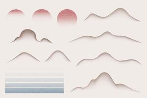 Grainy gradient mountains sun and sea set of elements. Dotted spray halftone effect with dust texture. Grunge moon and dissolve fade landscape. Retro Japanese design vector