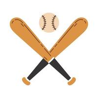 Crossed wooden baseball bats and ball. Professional sports equipment for softball, training, competitions. Game match tools. Hand drawn doodle, cartoon clipart. For print, label, logo vector