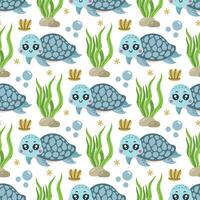 Funny sea turtle seamless pattern. Cute underwater animal swims among shells, reef seaweed, bubbles. Happy ocean reptile, friendly tortoise. Wild marine life, cartoon background for kids vector