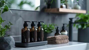 Glass Bottles with Dispenser Filled with Soil in Modern Bathroom. Soil-Based Cosmetics. photo