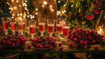 noche verano jardín fiesta. mesa con bebidas y bochas de Fresco cosecha de cerezas. foto