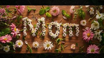 Word Mom Made from Flowers and Leaves on a Wooden Table. Mother's Day Greeting Card. photo