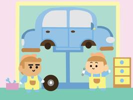 Little car mechanic are working. vector
