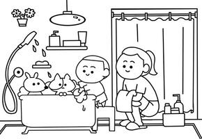 The kid bathing for his pets coloring pages. vector