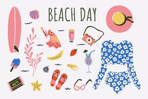 conjunto de verano elementos. traje de baño con margaritas, fruta, tabla de surf, aleta. haz de playa íconos para pegatinas tarjeta, póster diseño ilustración. vector